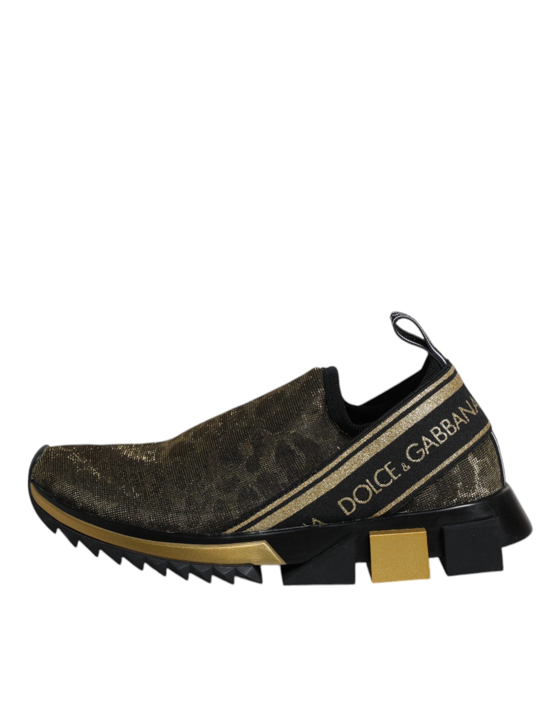 High top sneaker with gold accents and brand name on side
