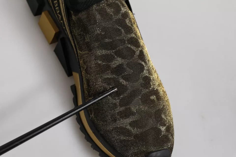 Gold and black shoe with a glittery pattern on the side