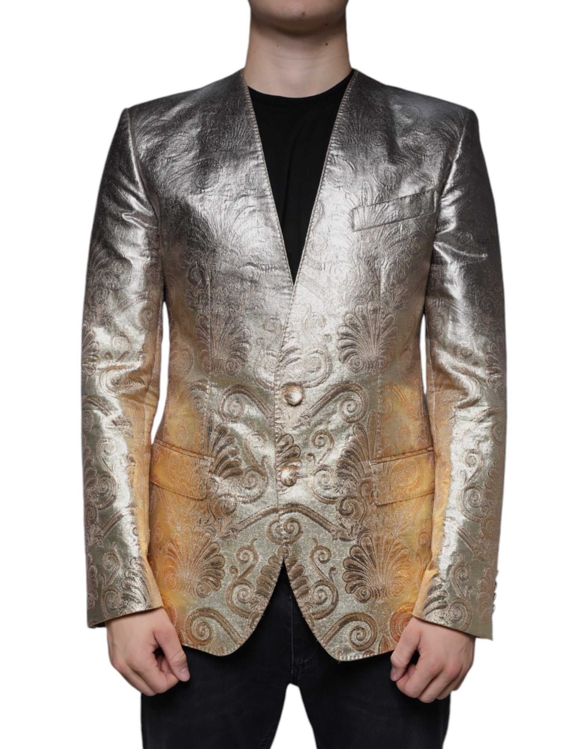 A mannequin wearing a gold jacquard single breasted dress blazer