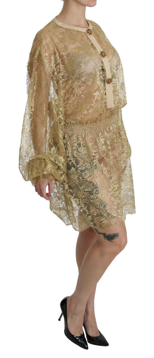 Gold lace see through dress with long sleeves and high neckline