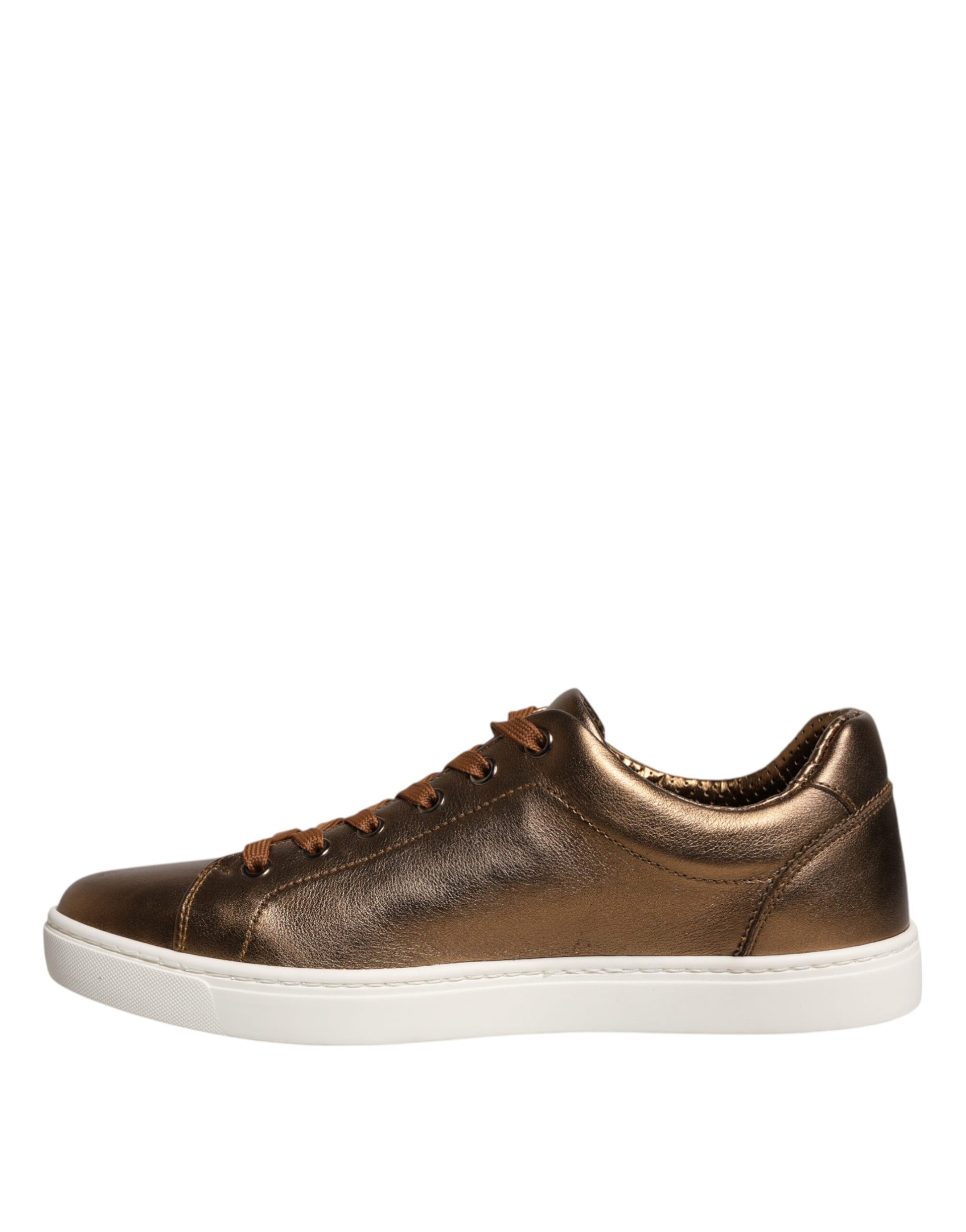 Brown leather sneakers with gold logo, laces and sole