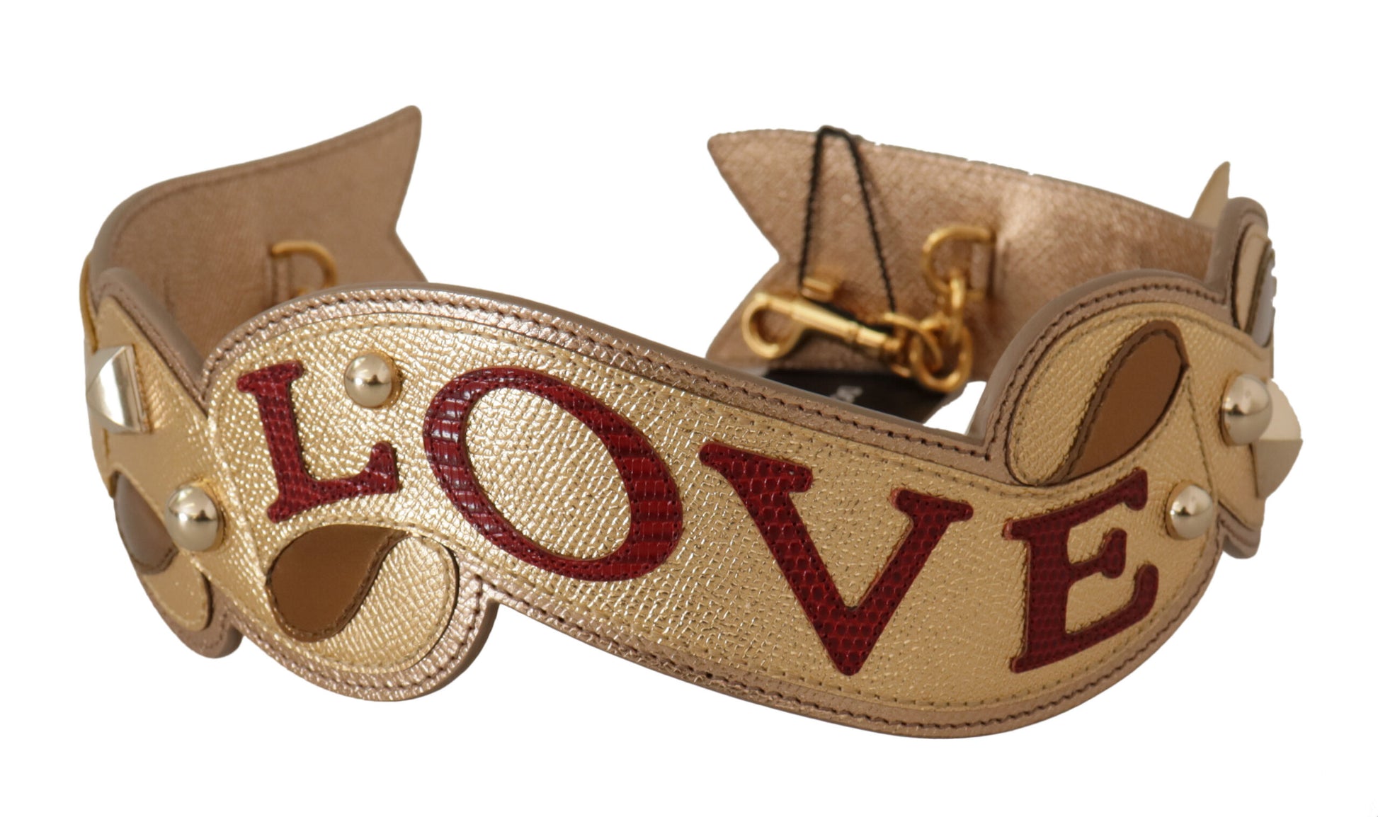 Gold bracelet with red lettering spelling love