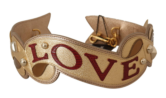 Gold bracelet with red lettering spelling love