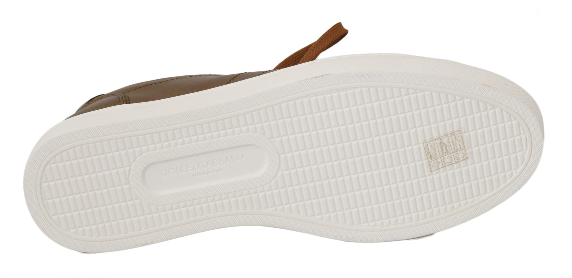 Pair of white sneakers with black laces and a brown logo on the side