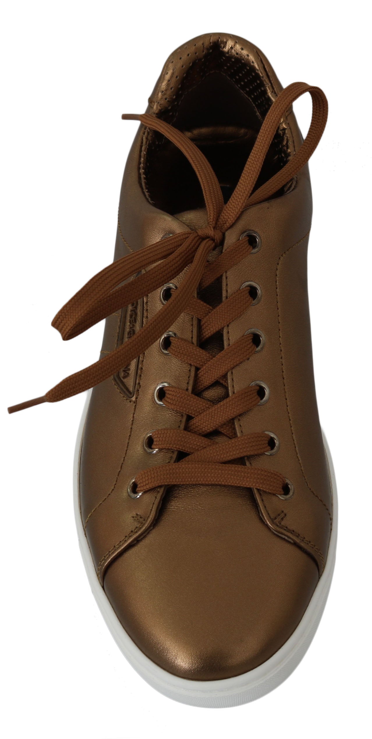 Brown shoe with white sole and laces