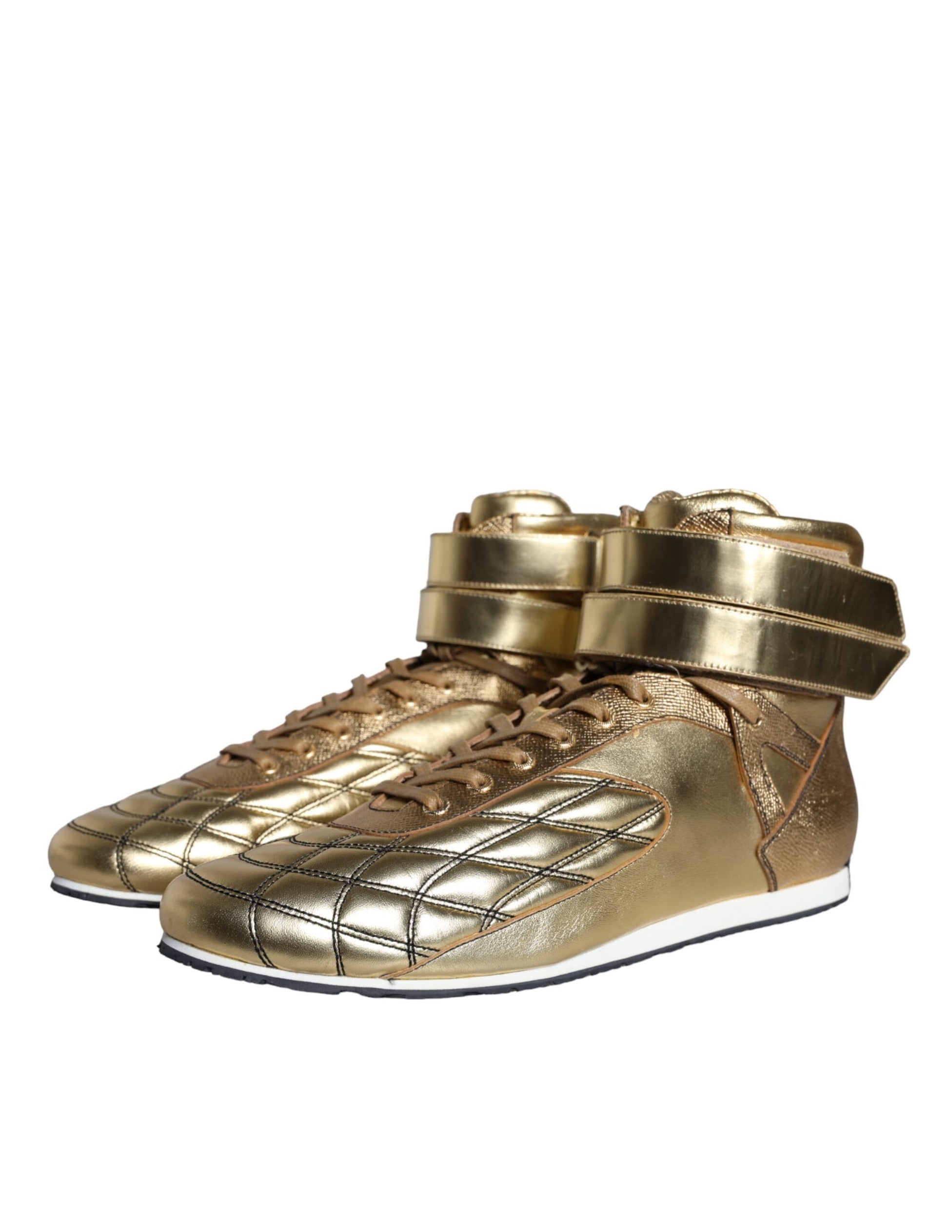 Gold leather sneakers with laces, high top design, featuring embossed D&G logo