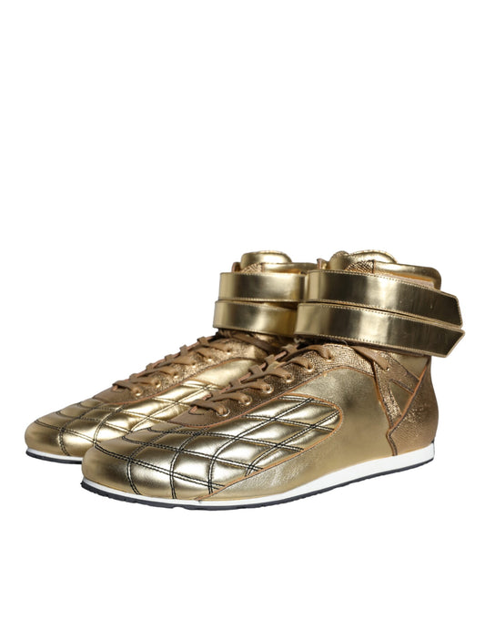Gold leather sneakers with laces, high top design, featuring embossed D&G logo