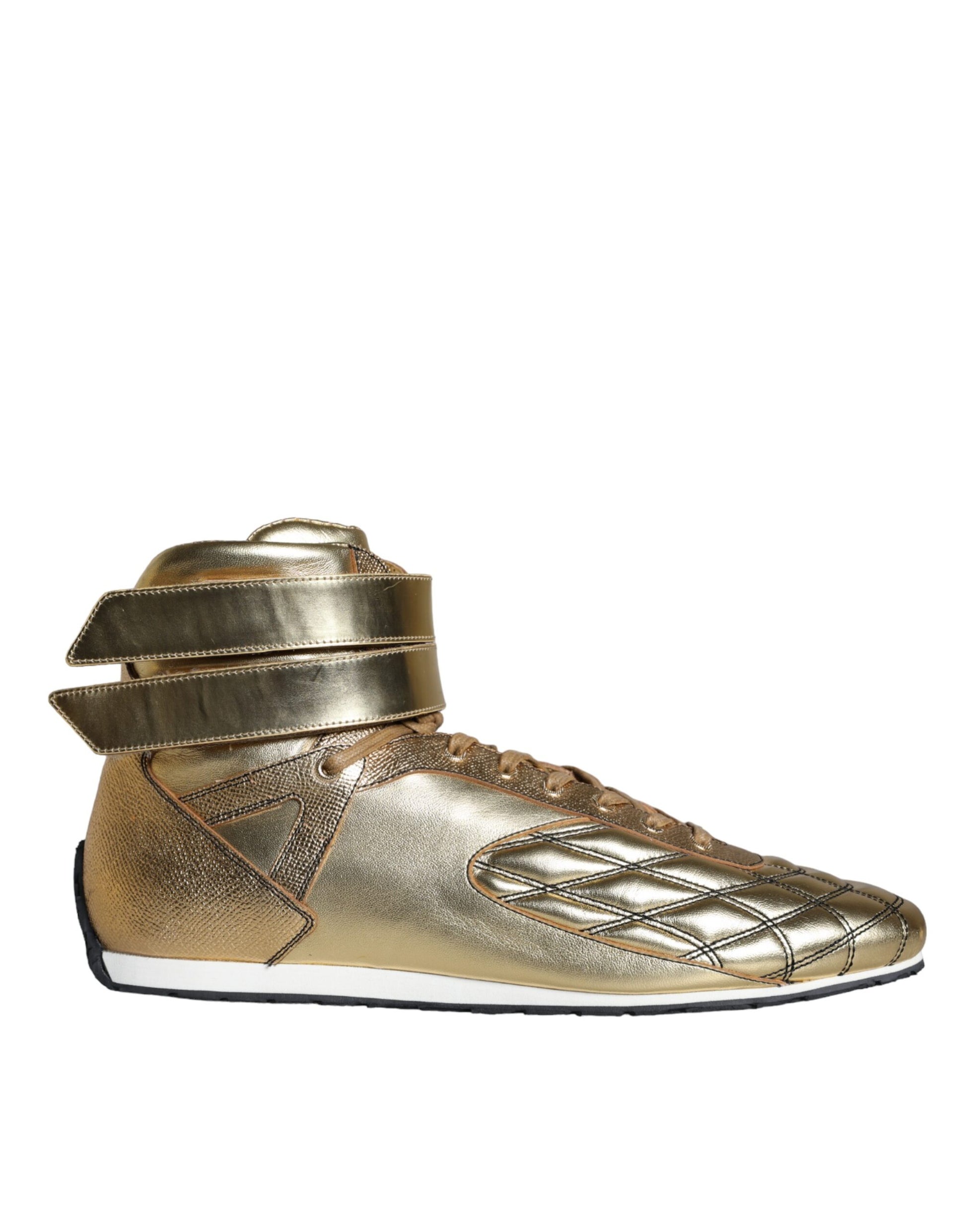 Gold leather high top sneakers with laces and embossed logo on side
