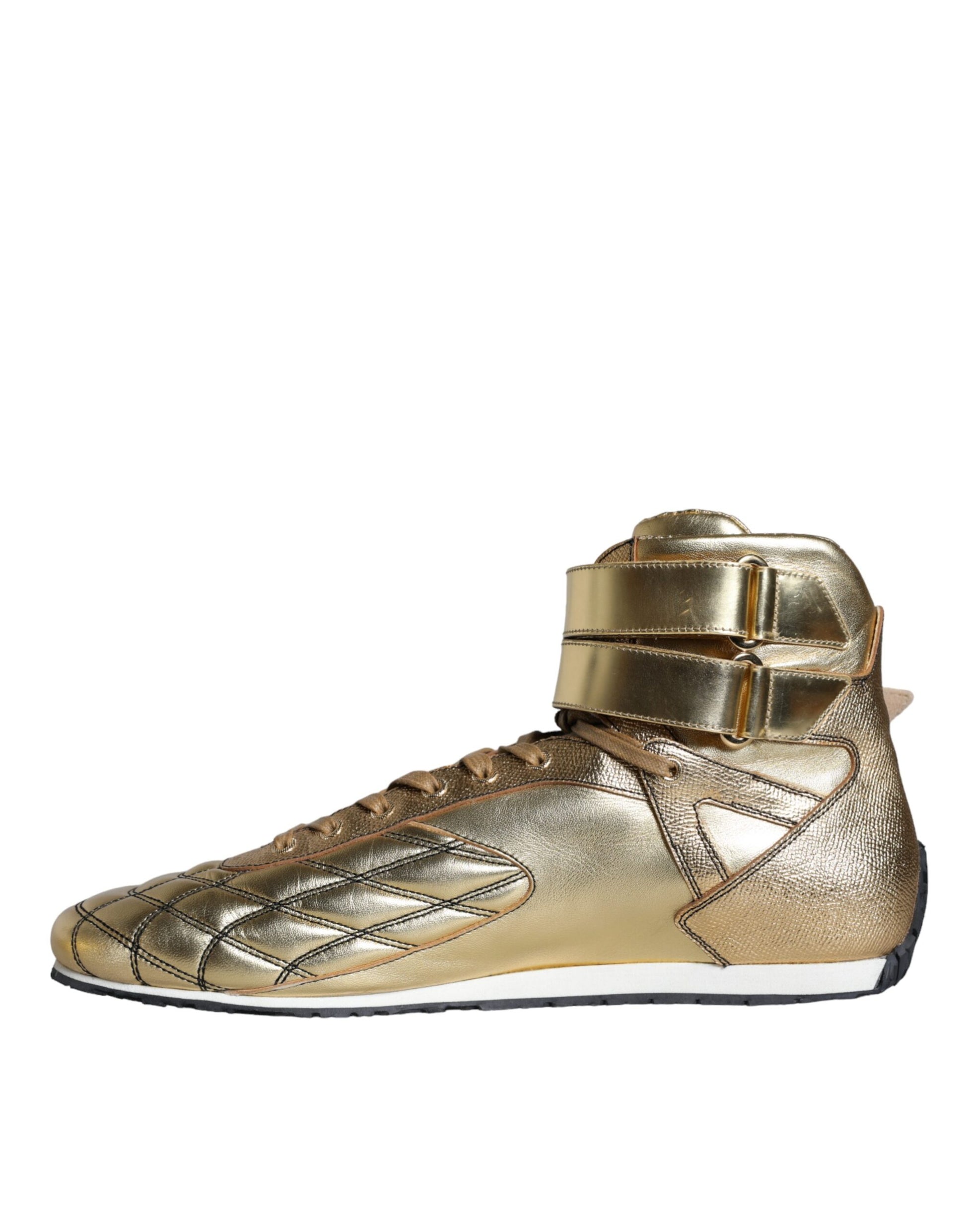 Gold leather sneakers with laces, high top design, featuring embossed logo and textured details