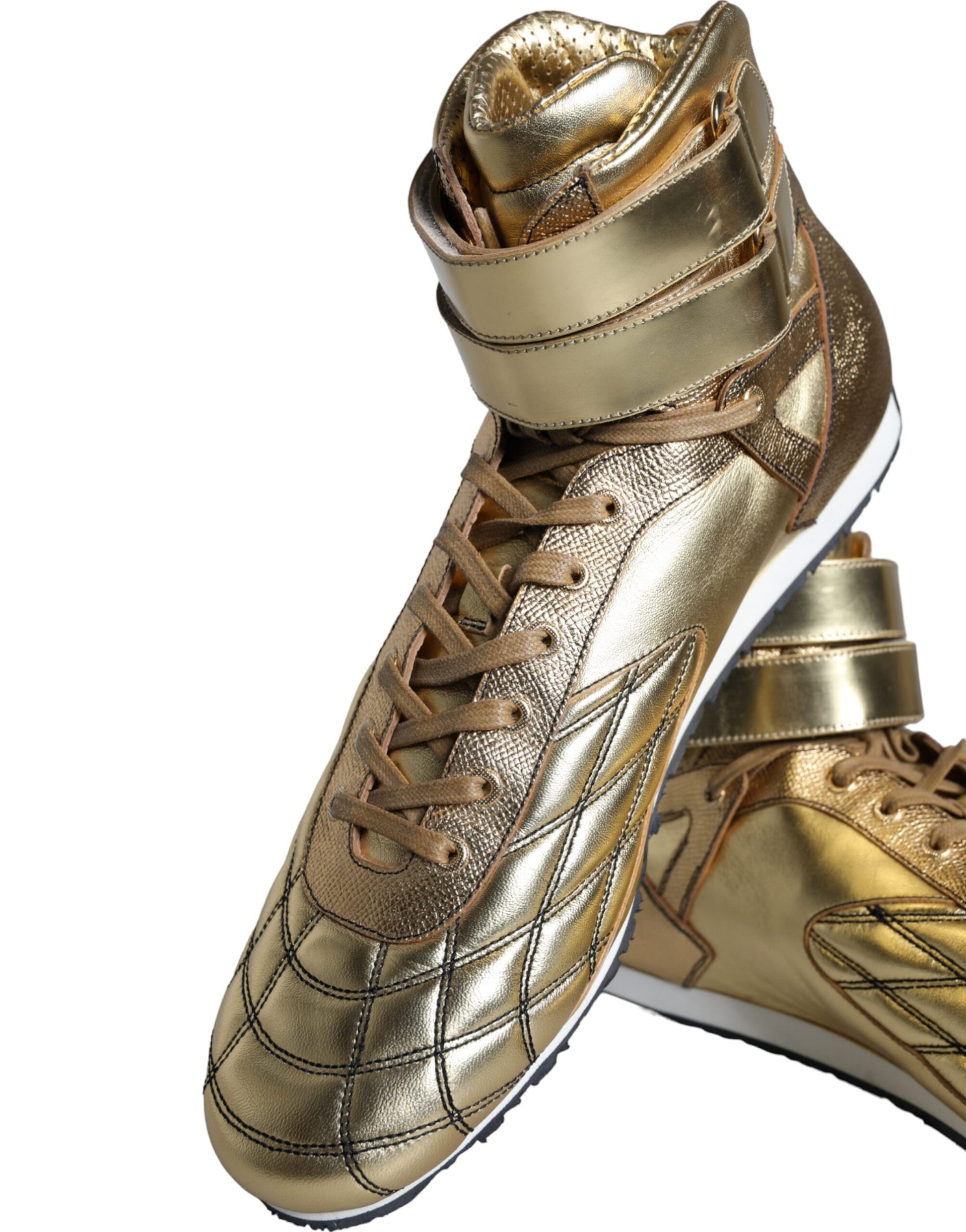 Gold leather high top sneakers with laces and embossed logo on side