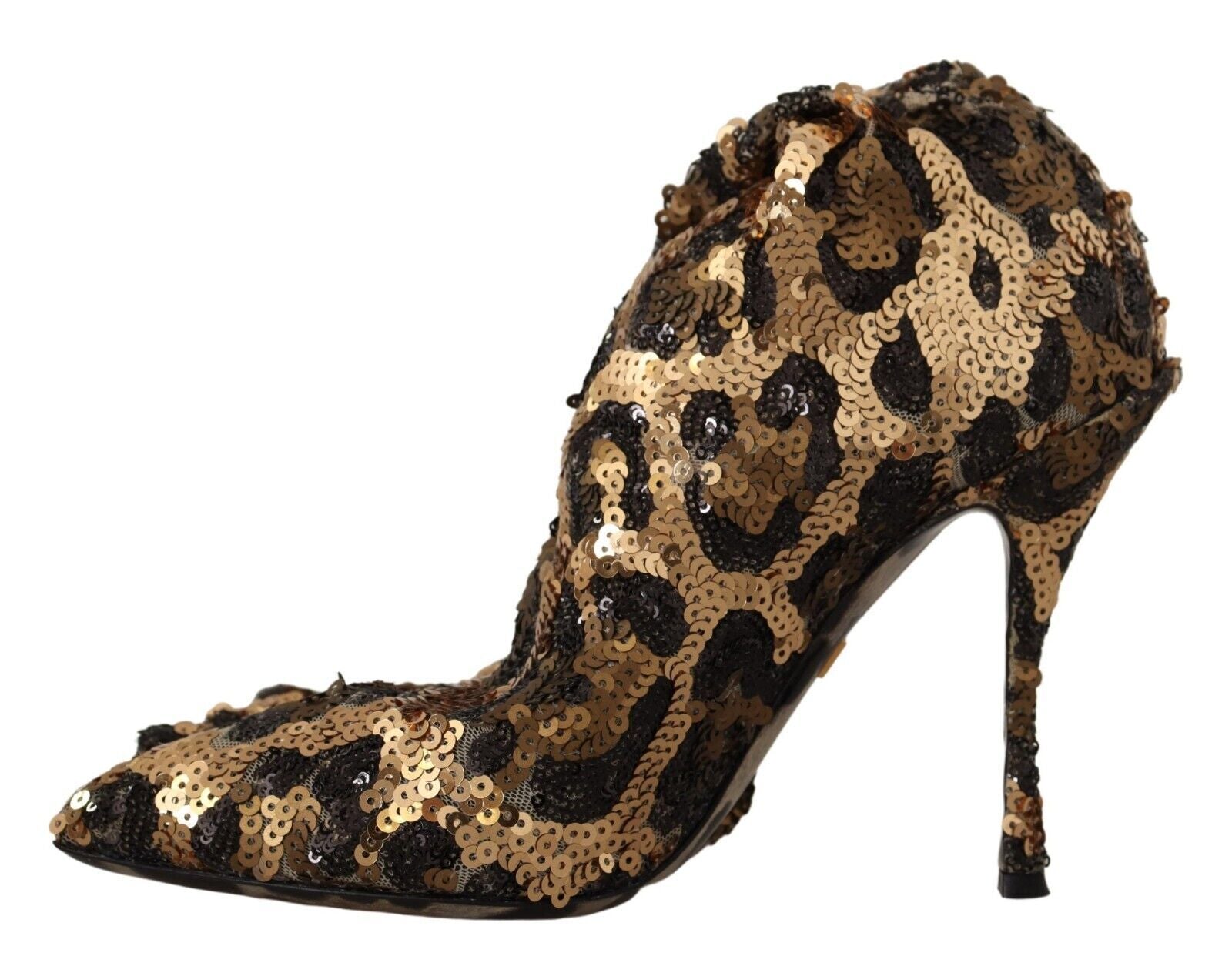 Leopard print high heel shoe with gold sequins and ruffled trim