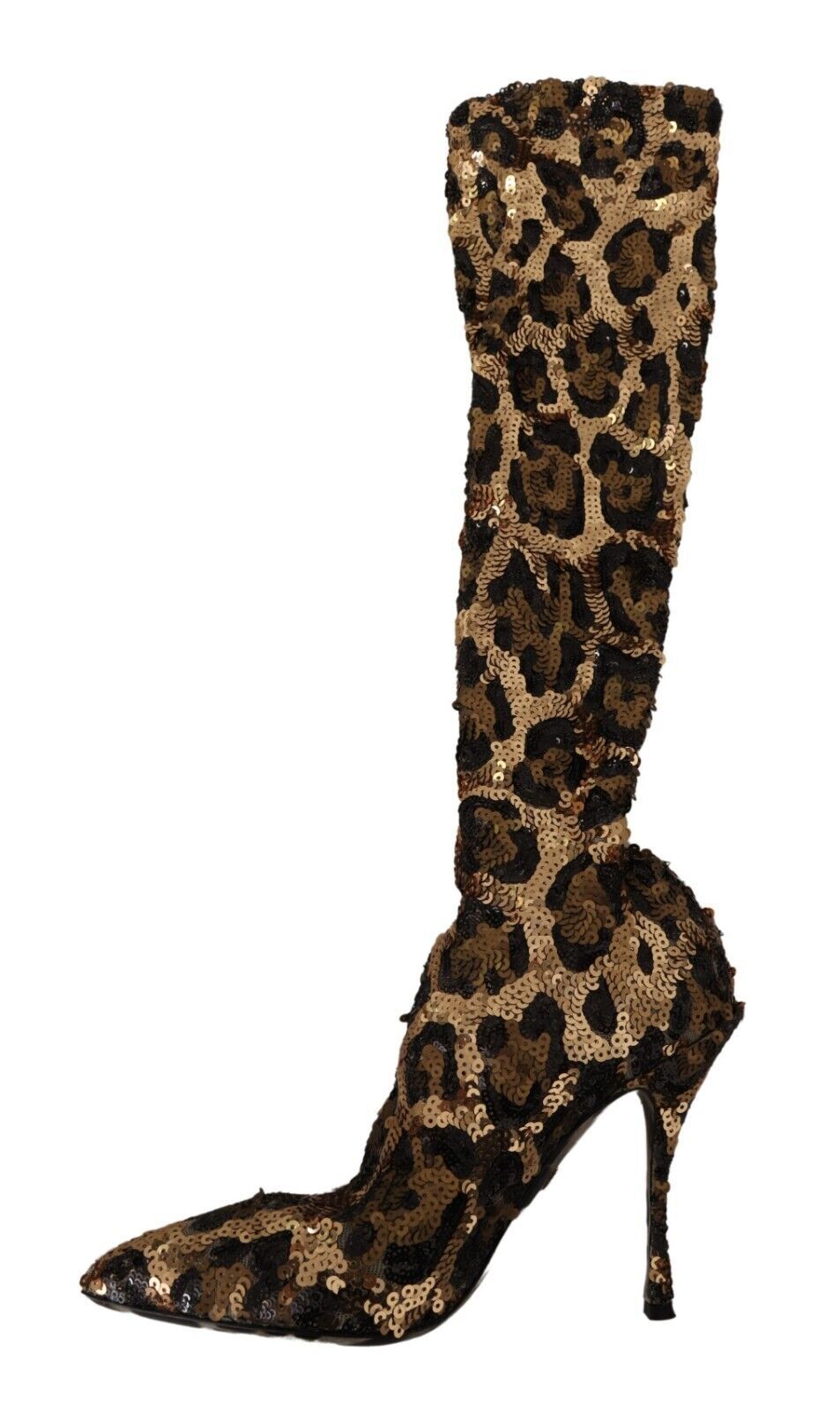 Leopard print high heel boot with gold sequins