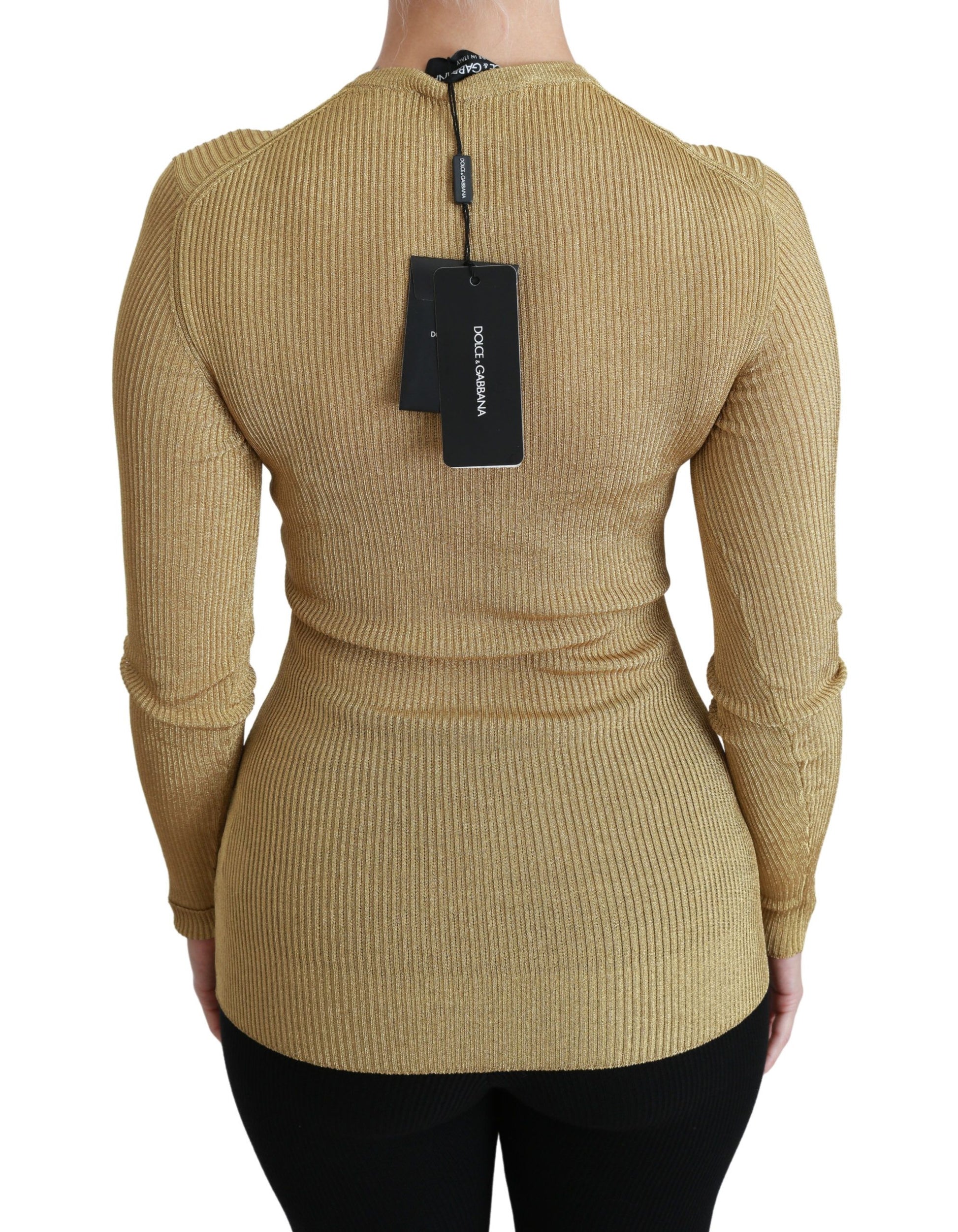 Back view of a long sleeve sweater with tag on back