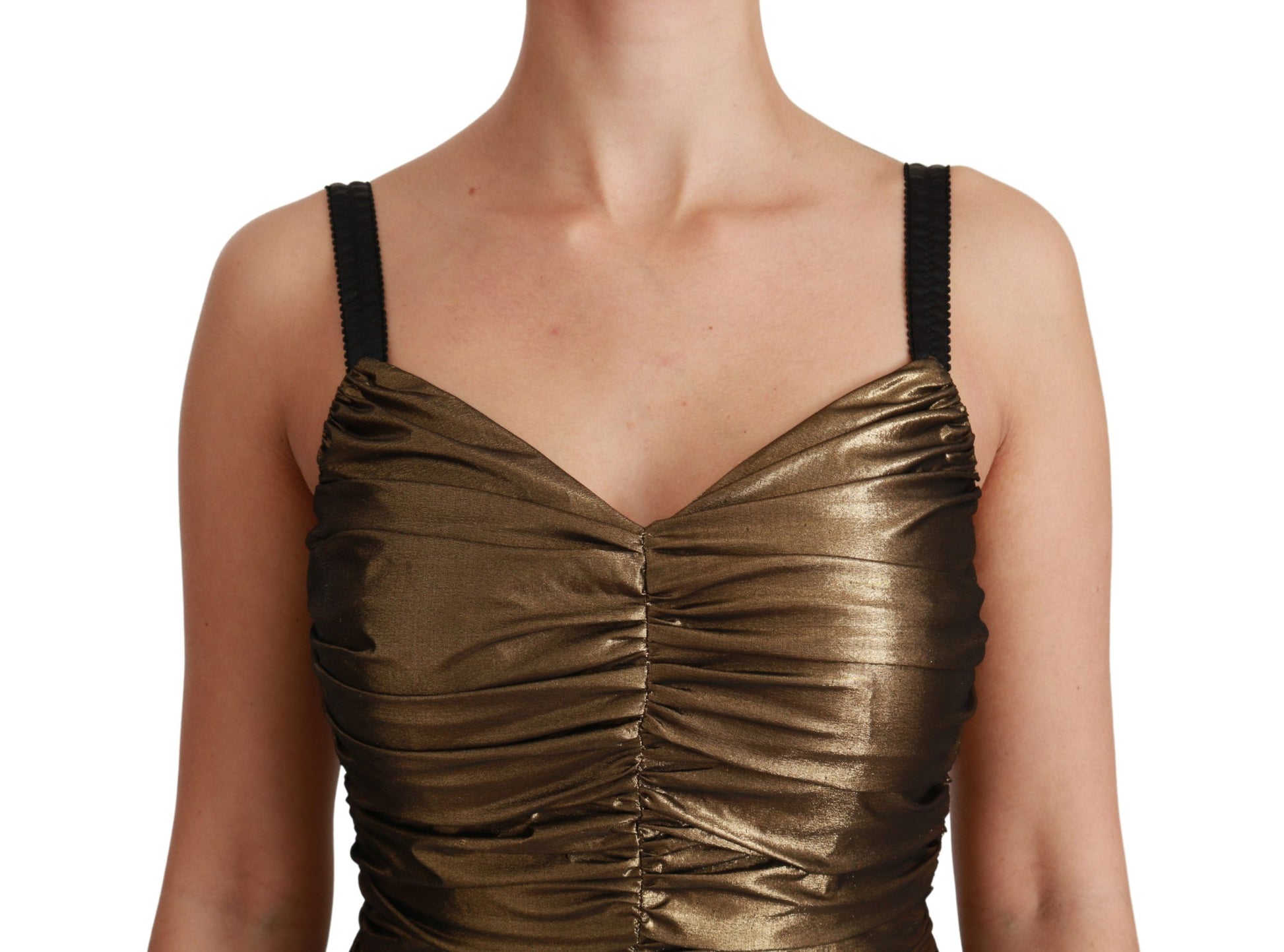 A gold metallic stretch bodycon ruched dress with a high neckline