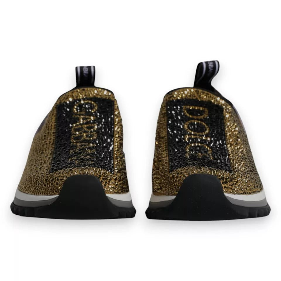 Pair of glittery dog-themed sneakers with gold lettering and a black sole