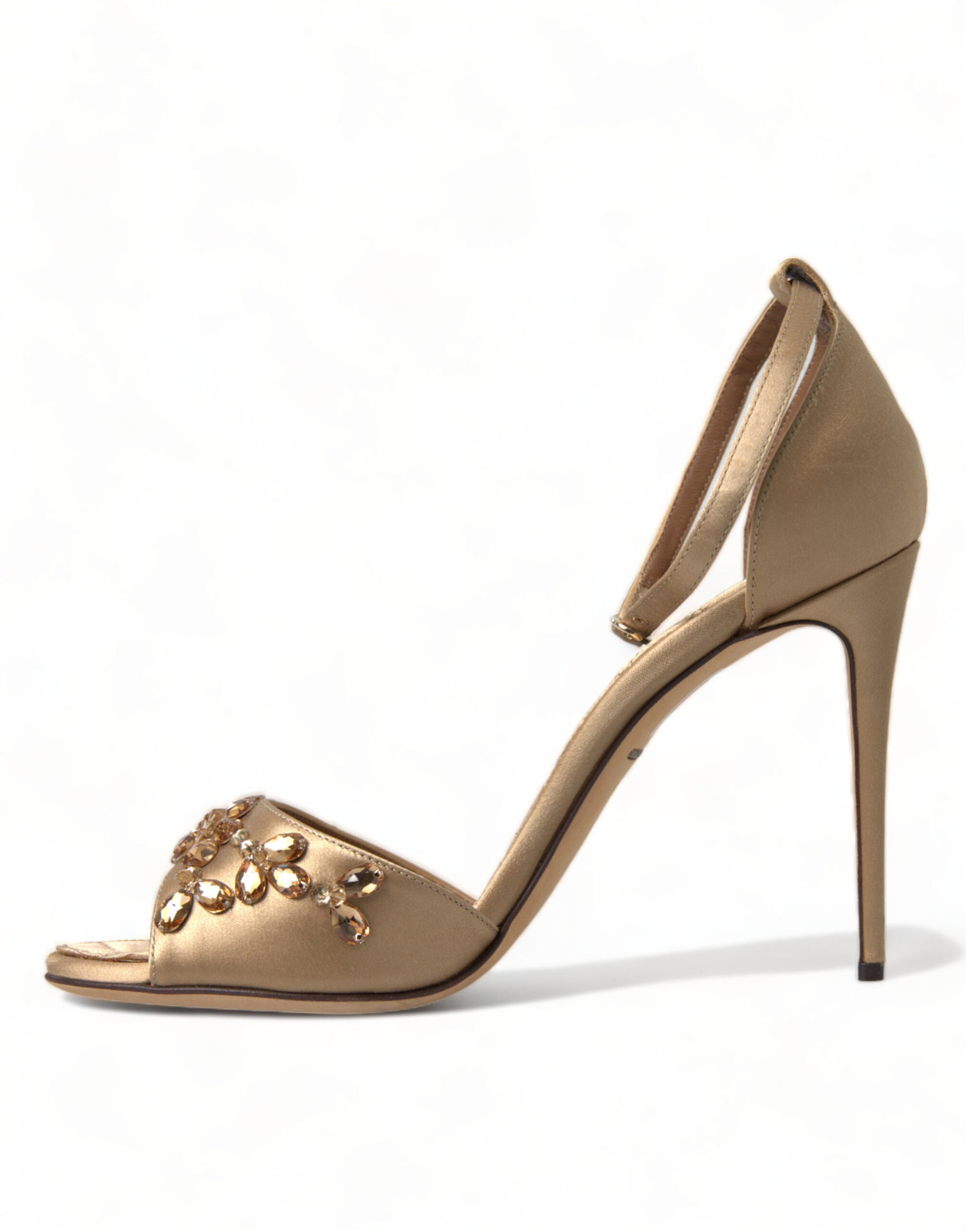 Gold strappy heeled sandal with embellishments on toe