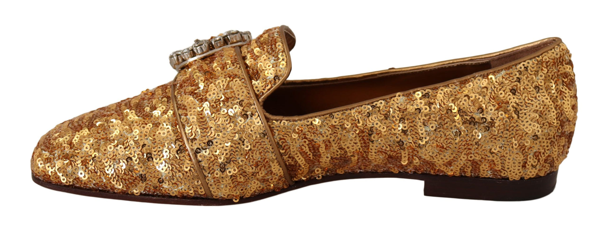 Pair of gold glittery women's shoes with embroidered detailing