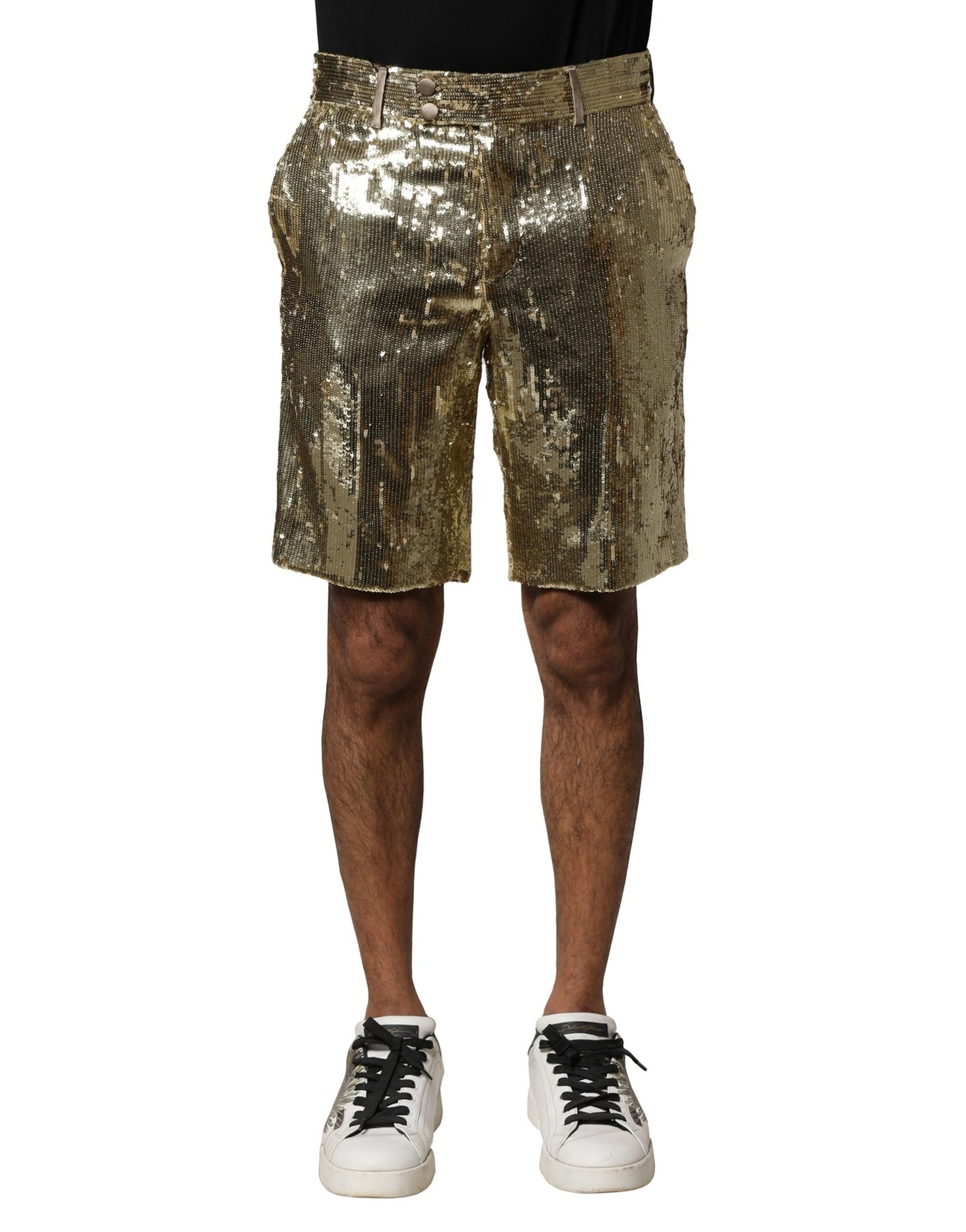 Gold sequined shorts on a mannequin