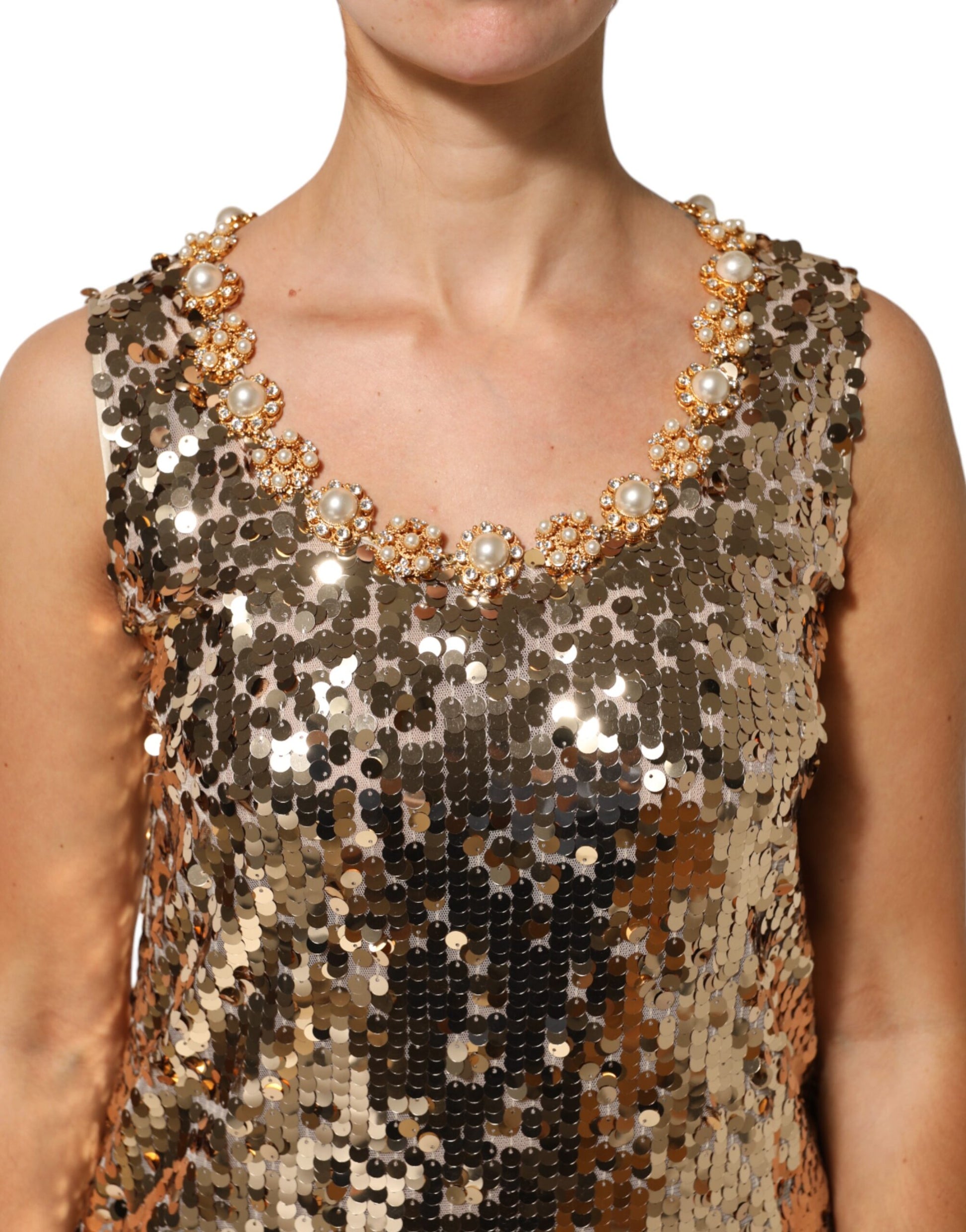 Gold sequin dress with nylon fabric, A-line silhouette, and short sleeves