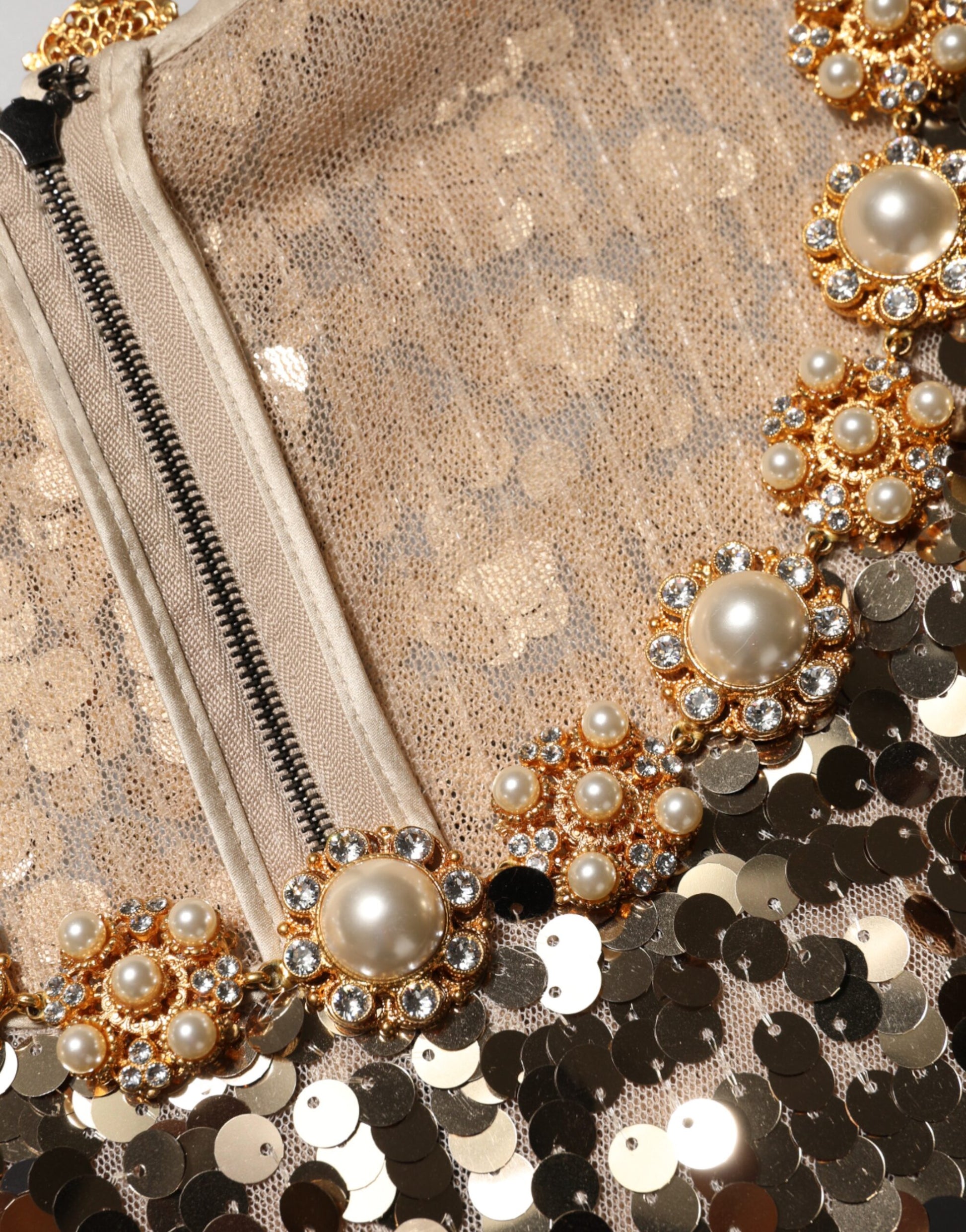 Gold sequined nylon dress with pearl and rhinestone embellishments
