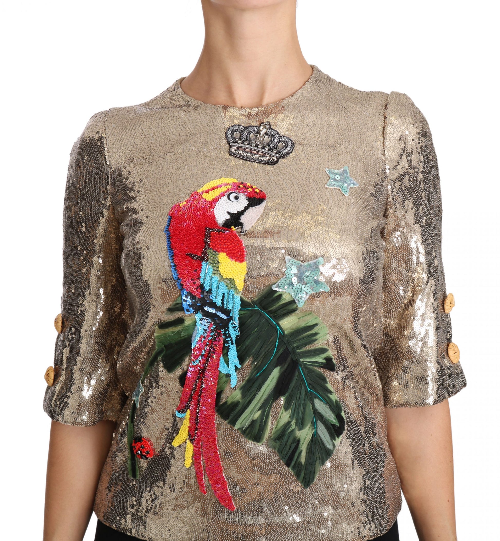 Shiny sequined top with parrot design