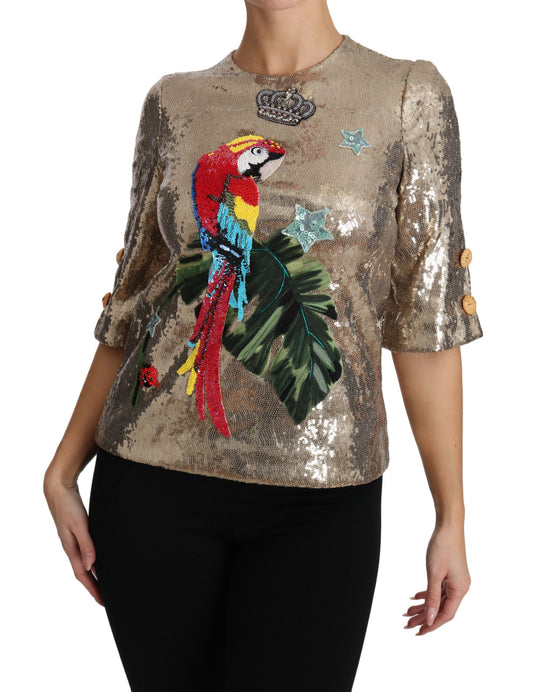 Shiny sequined top with parrot design