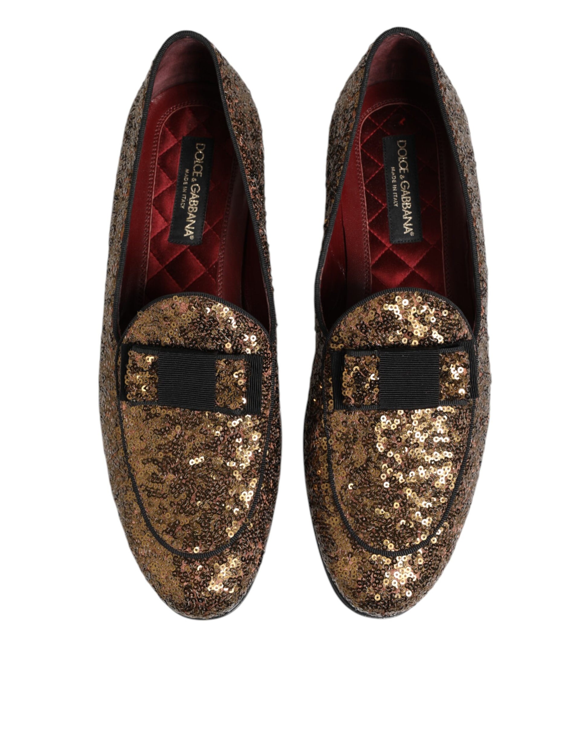 Pair of gold sequined loafers with black straps, men's dress shoes