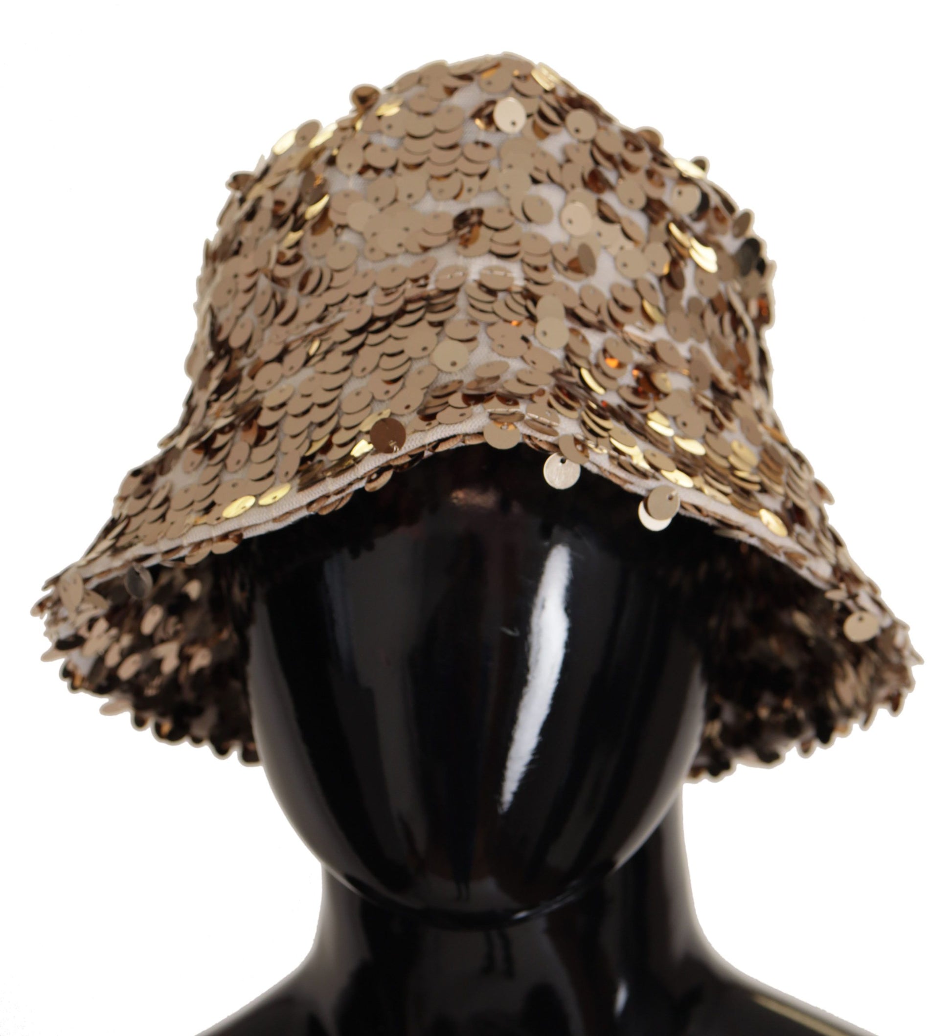 Gold sequined hat on black mannequin head