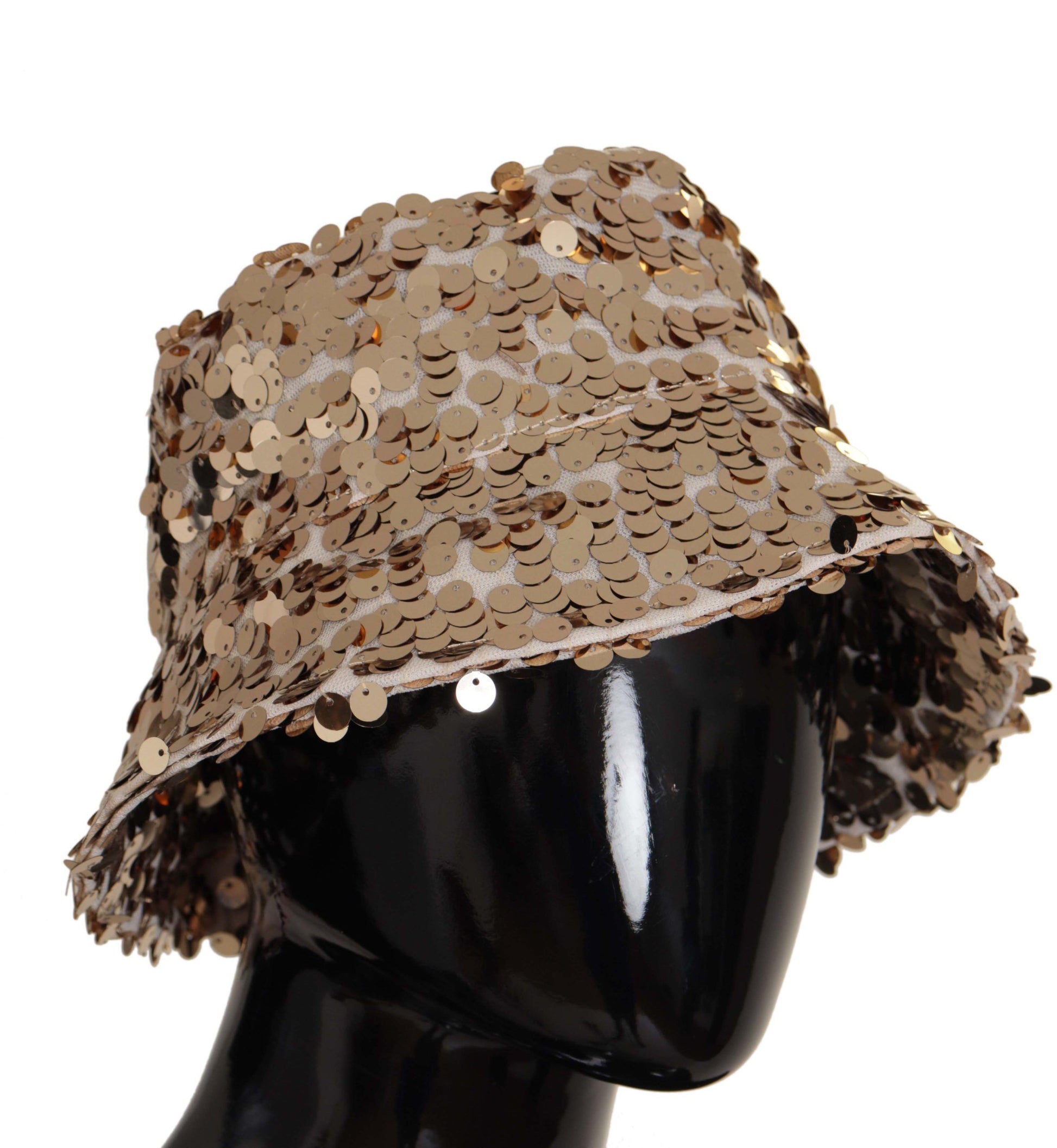 Gold sequined hat on black mannequin head