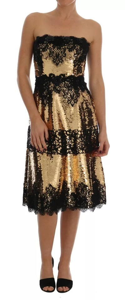 A gold strapless sequin embellished lace dress from Dolce & Gabbana