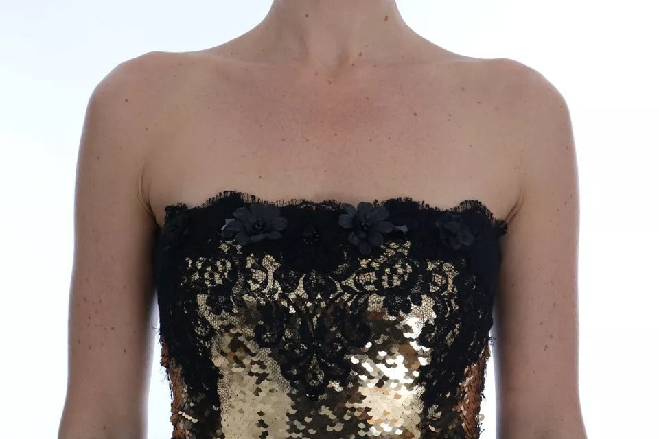 A gold strapless sequin embellished lace dress with a detailed bodice