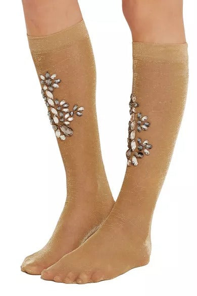 Tan socks with sequin embellishments on legs
