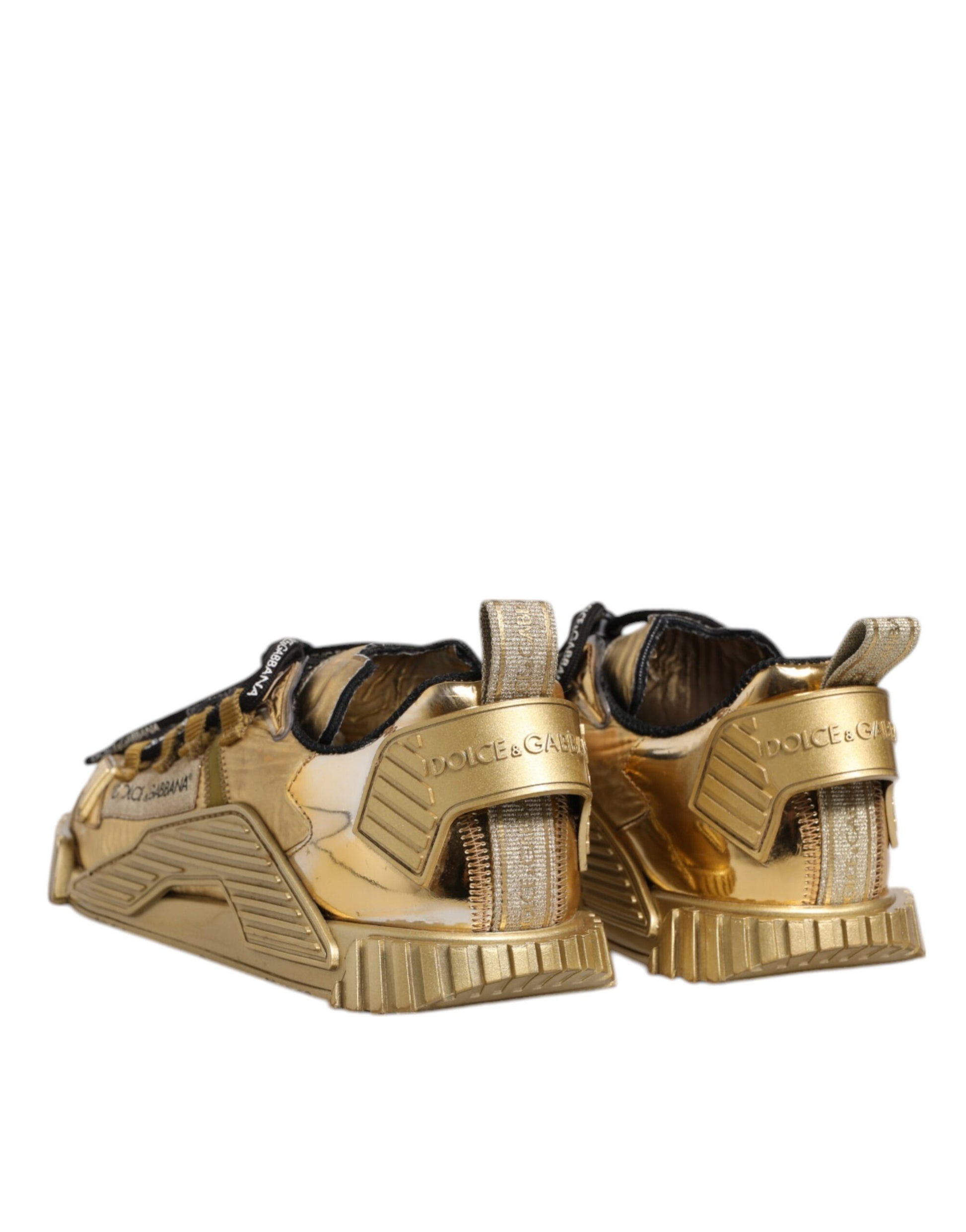 Gold sneakers with white soles