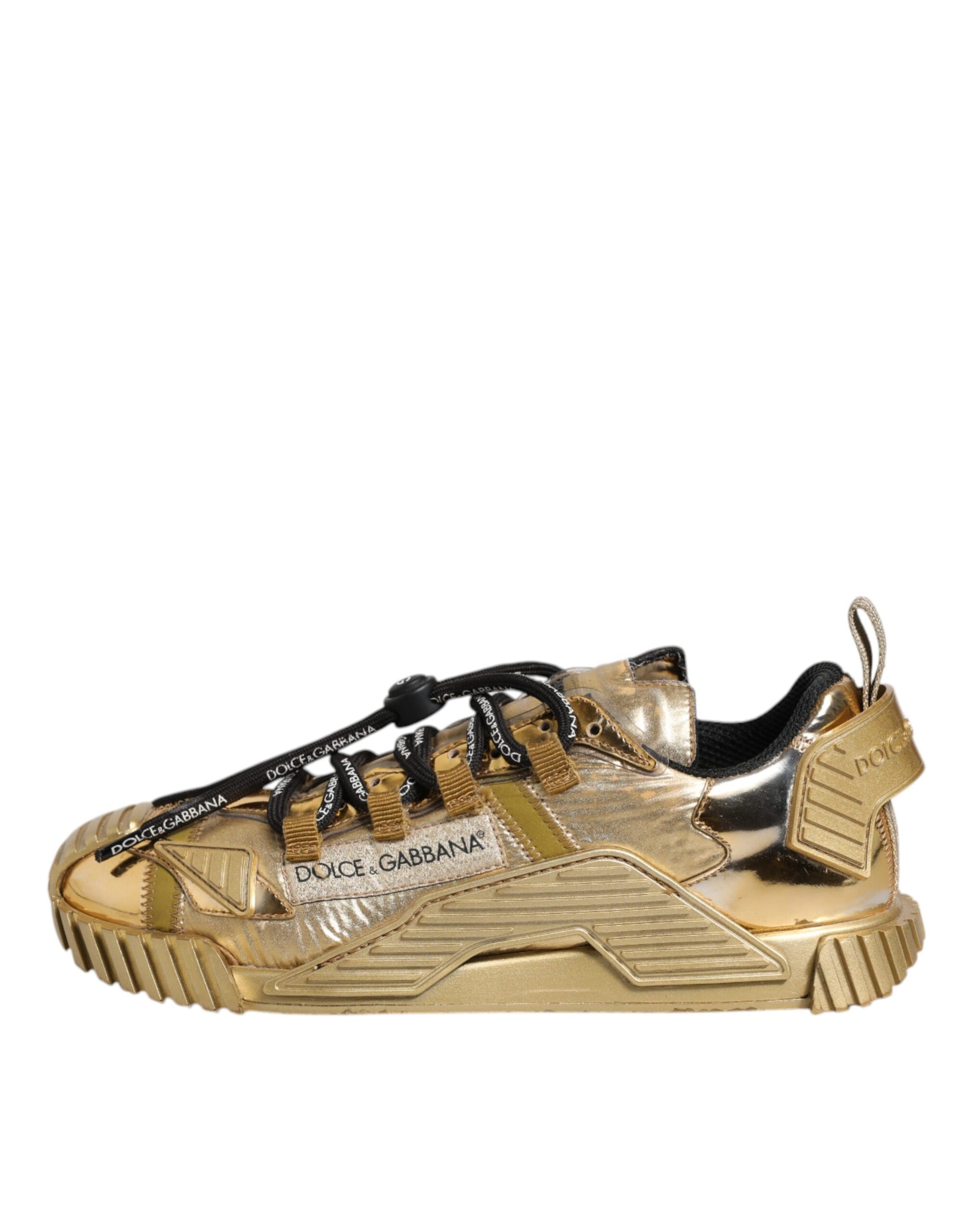 Gold sneakers with black laces