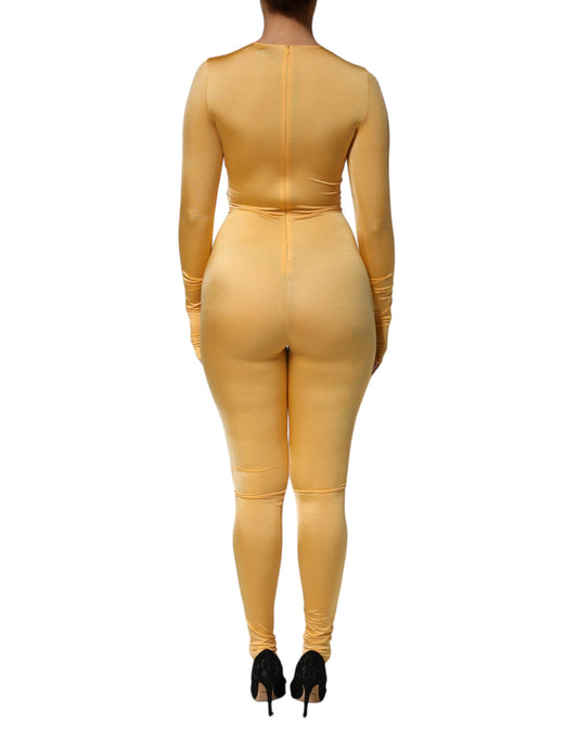 A yellow stretch bodysuit dress with long sleeves, designed by Dolce & Gabbana
