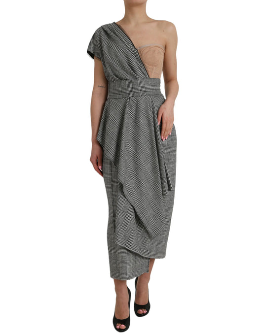 A gray beige layered one shoulder maxi dress from Dolce & Gabbana