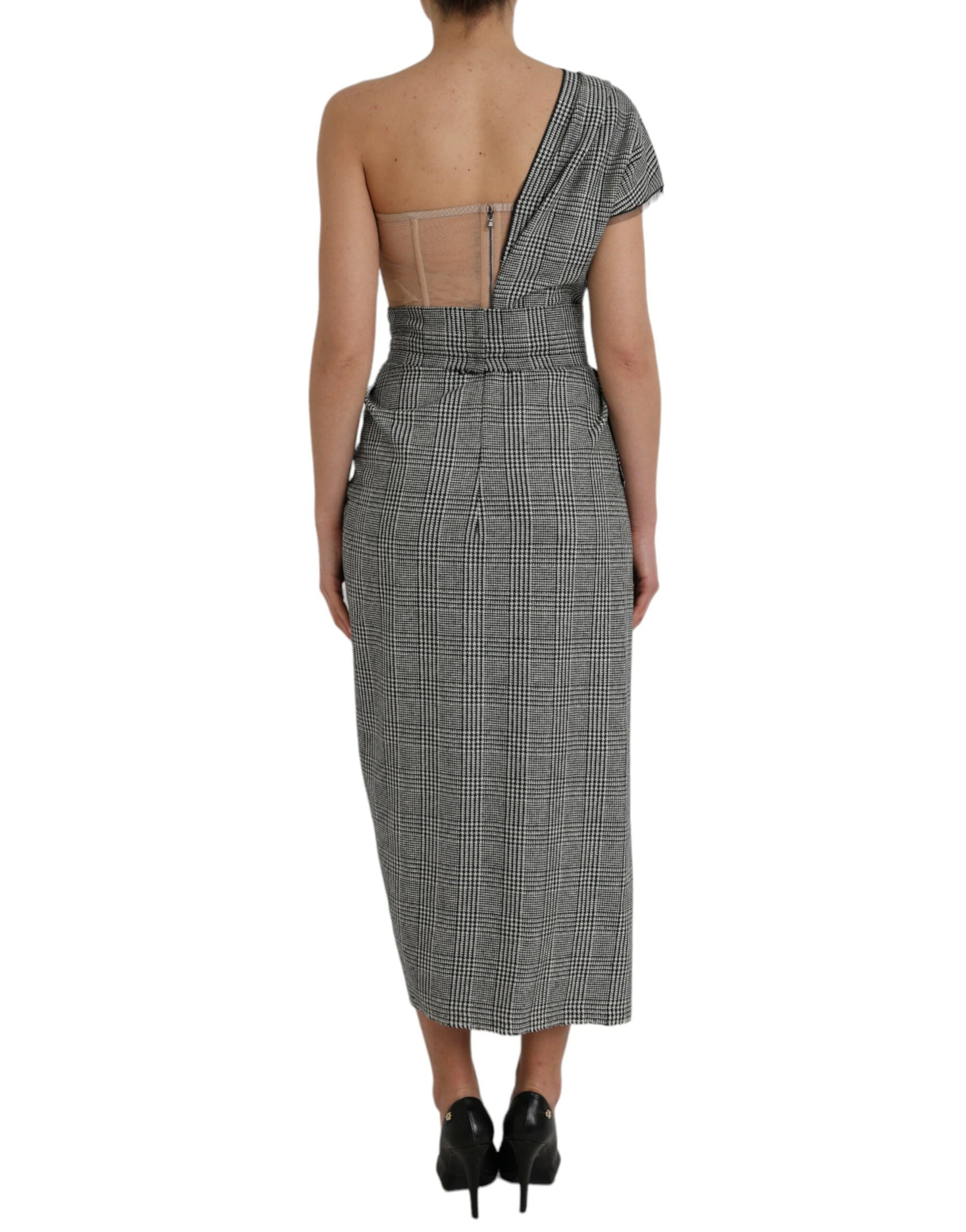 A gray beige layered one shoulder maxi dress with a backless design