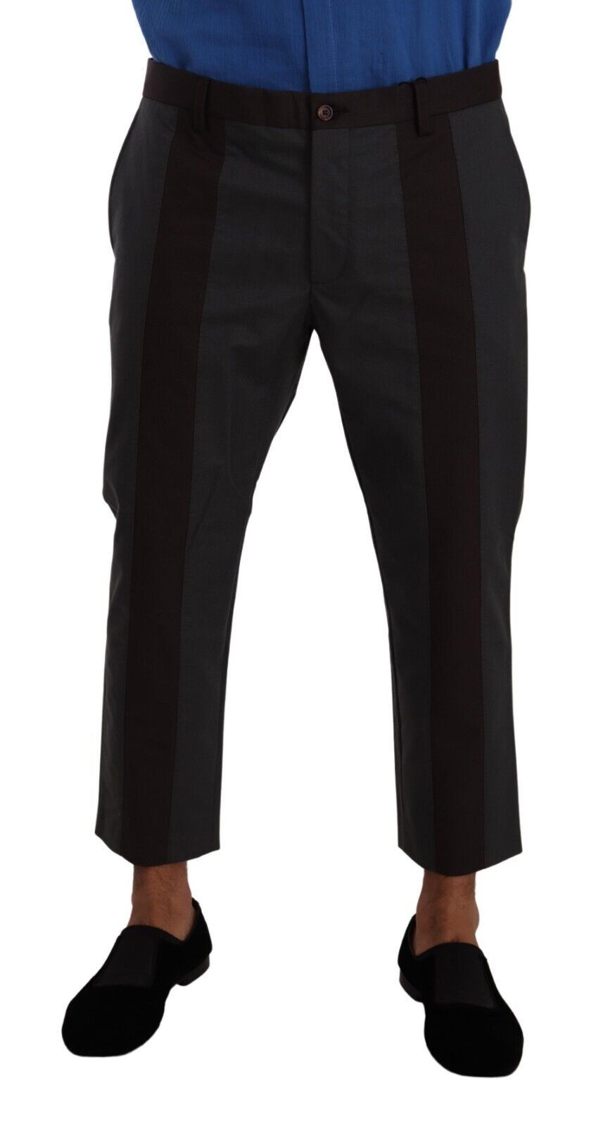 Men's dress pants with a striped pattern on legs