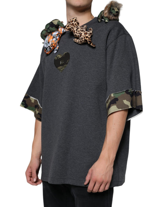 Camouflage print t-shirt with animal ears on hoodie