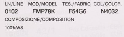 This is a label on a product. It includes information such as model number, color code, fabric type, and other details releva