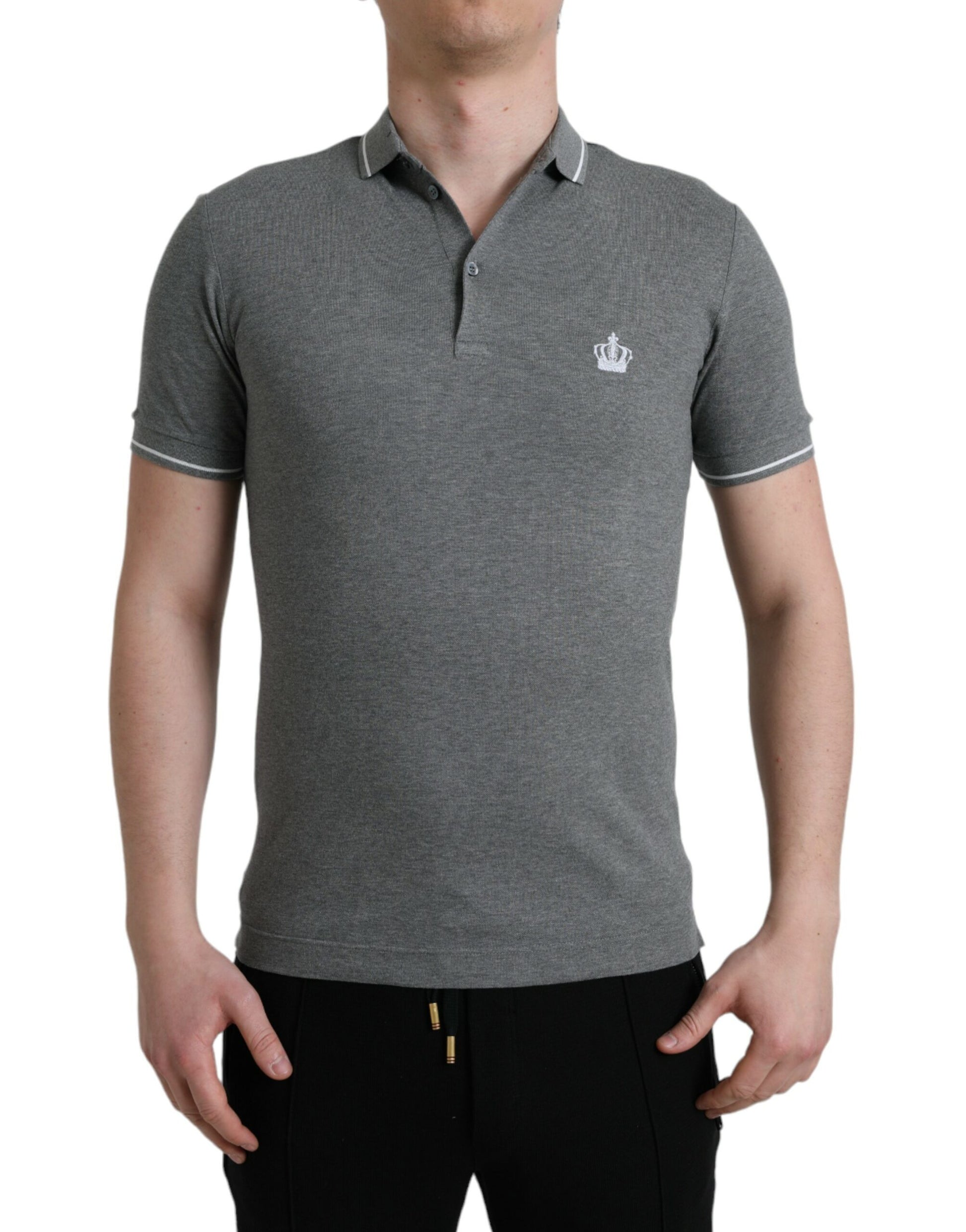 Men's polo shirt in heather gray with black stripes on sleeves