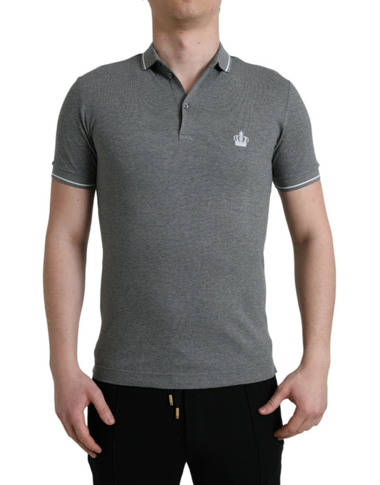 Men's polo shirt in heather gray with black stripes on sleeves