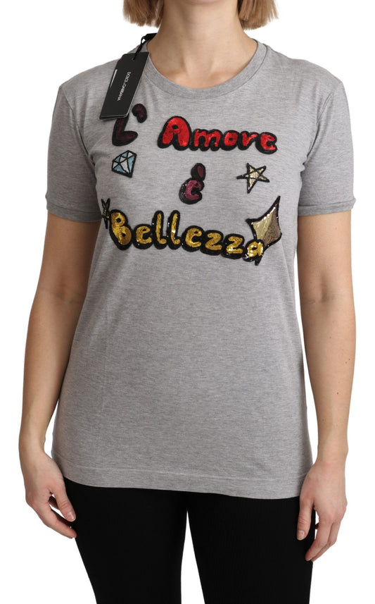 Grey t-shirt with embroidered text and stars