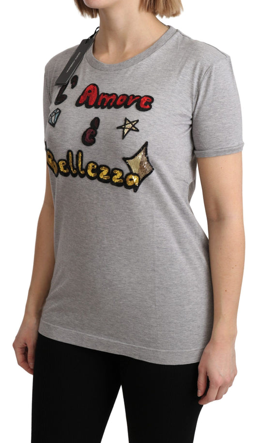 Grey t-shirt with red writing and graphic design