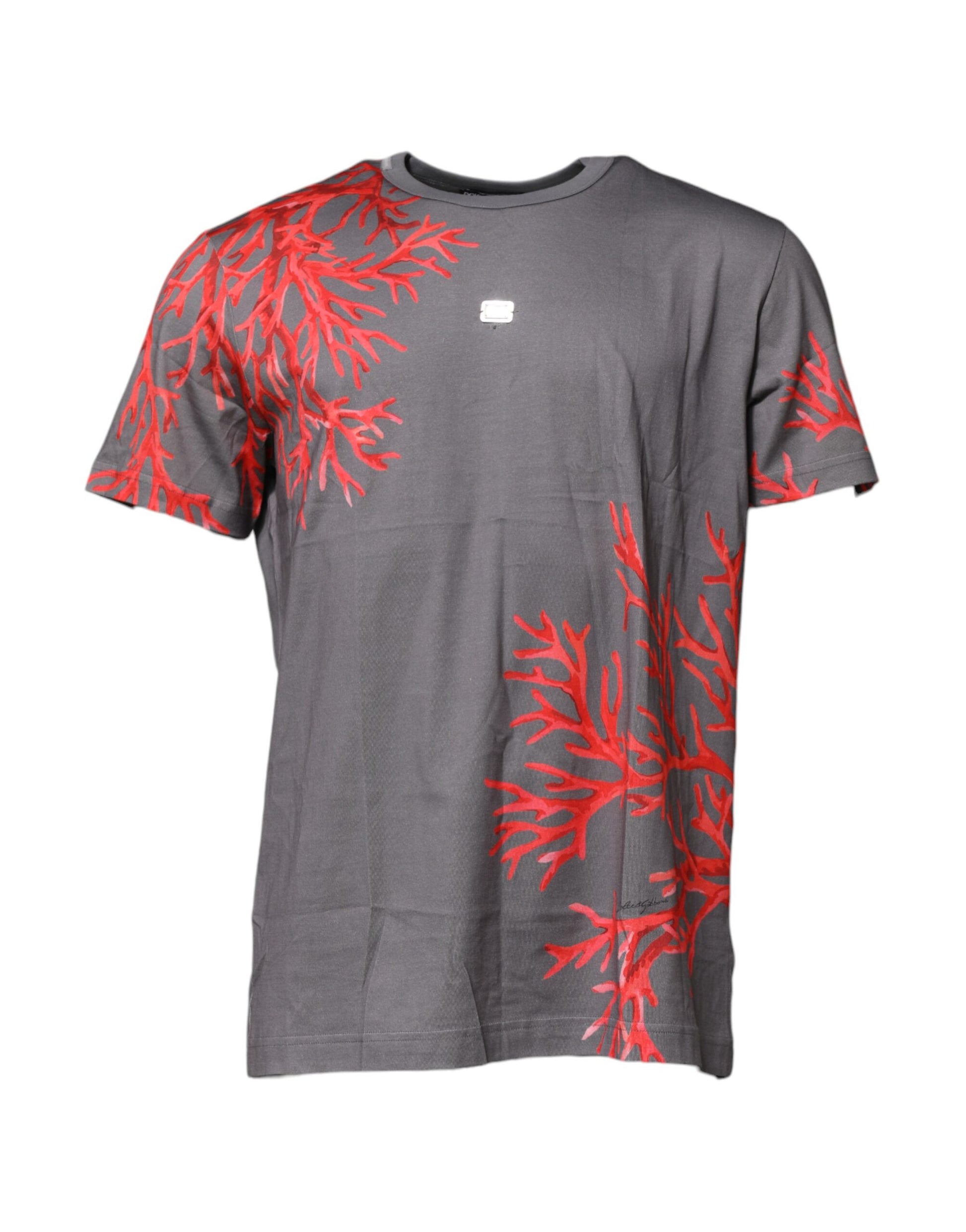Grey t-shirt with red floral design on front
