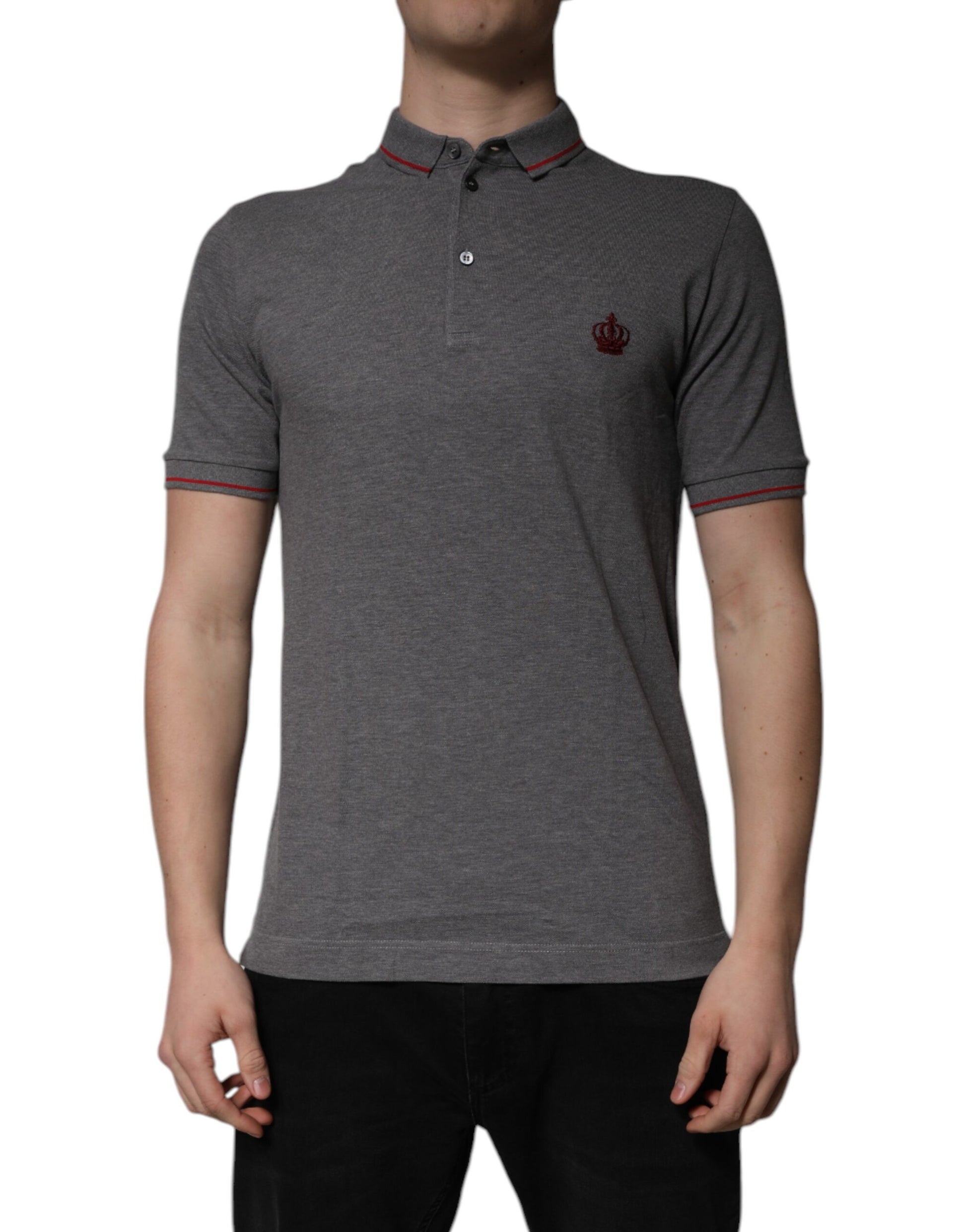A gray polo shirt with a collar and two red stripes on the sleeves
