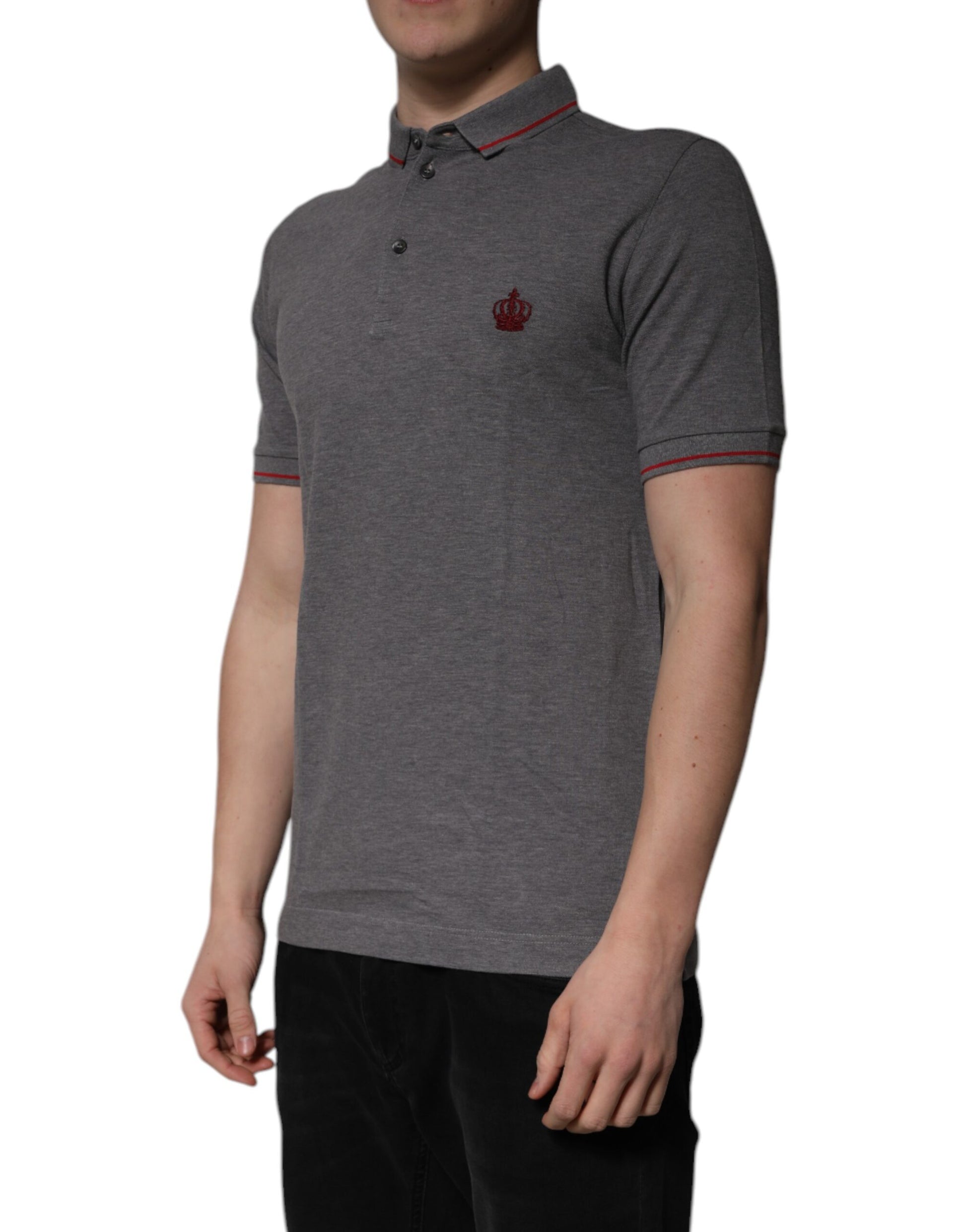 A gray polo shirt with a crown logo on the left chest, short sleeves and collar