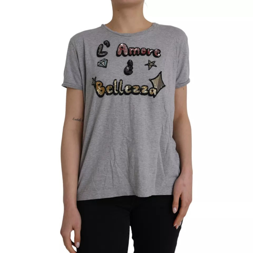 Grey shirt with "Amore Belletto" written in glittery letters