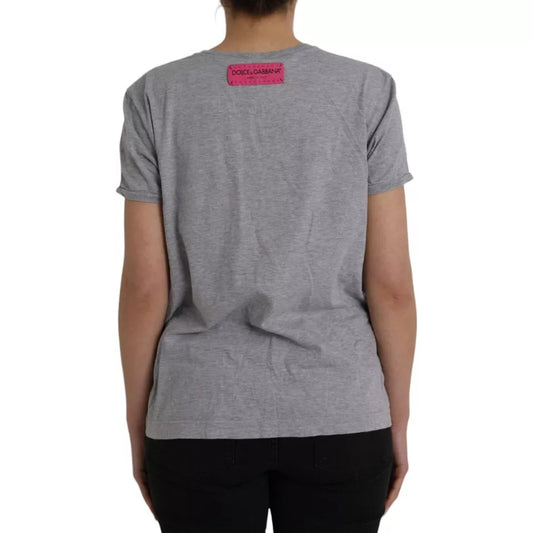 Grey short sleeve t-shirt with pink tag on back
