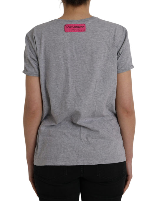 Grey short sleeve t-shirt with pink label on back